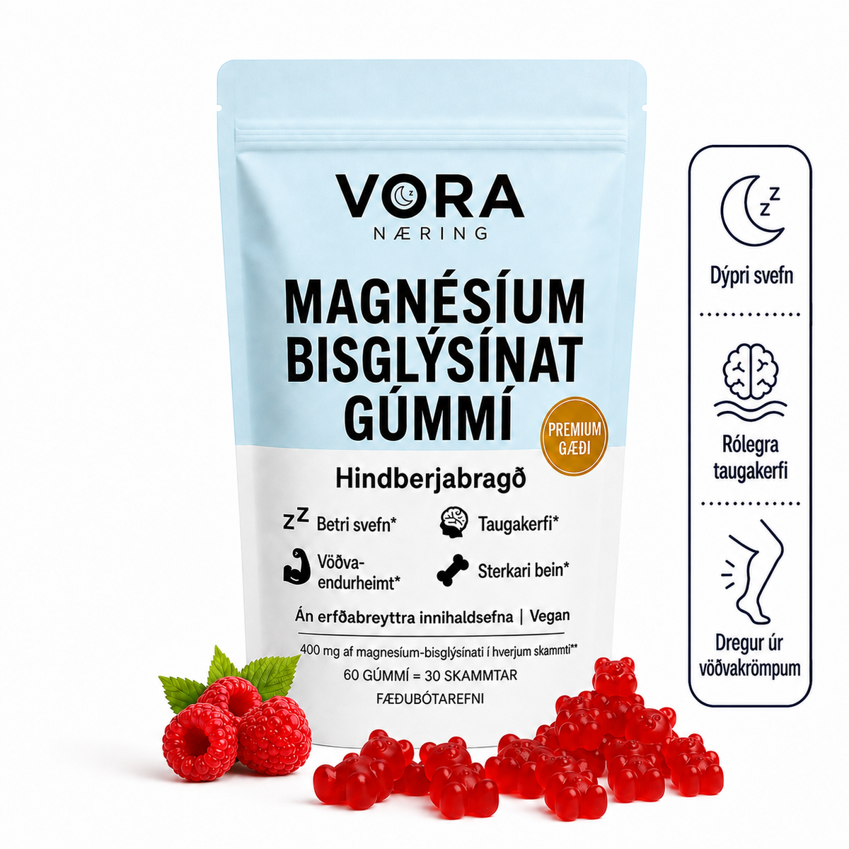 VORA Næring magnesíum bisglýsínat gúmmí — poki með hindberjabragði, 60 gúmmí