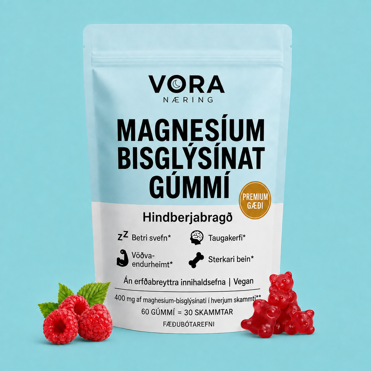 VORA Næring magnesíum gúmmí poki, framhlið