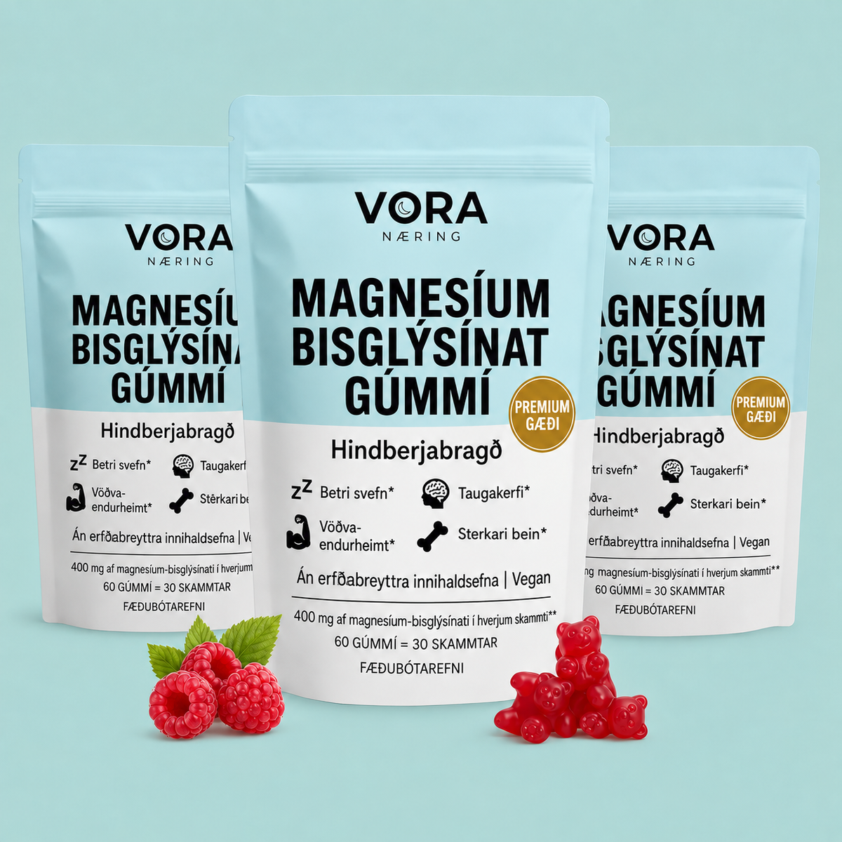 Þrír pokar af VORA Næring magnesíum bisglýsínat gúmmíum